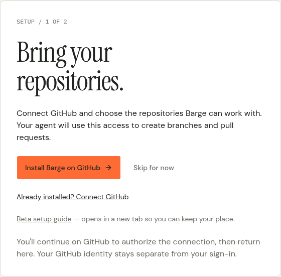 First-run GitHub setup with Install Barge on GitHub and Already installed connection controls.