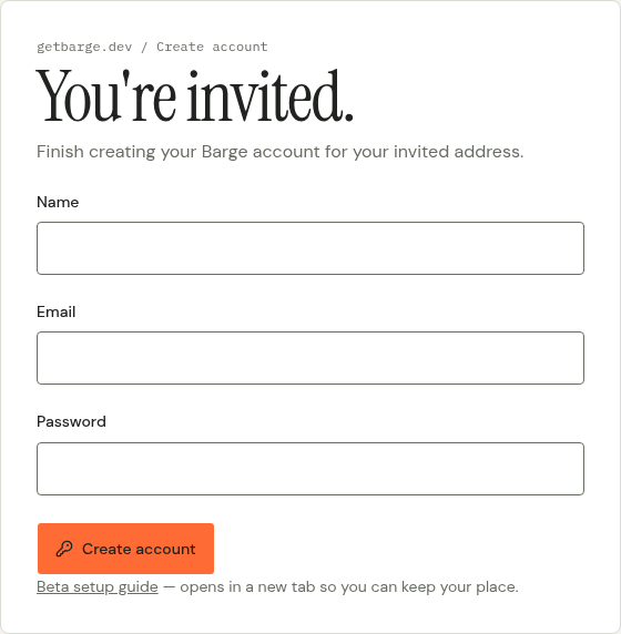 Empty invitation signup form with a Beta setup guide link opening separately.